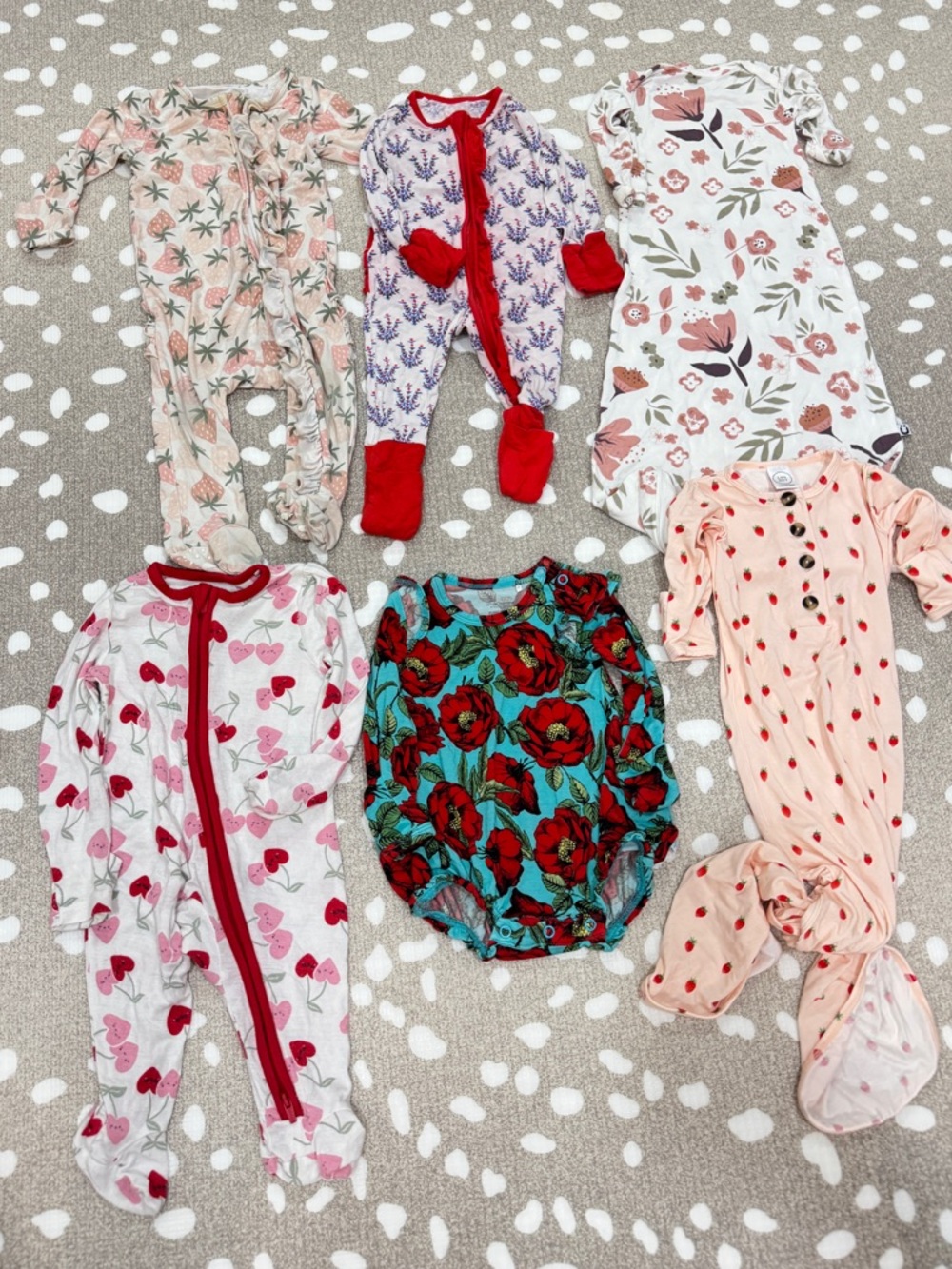 Lot of 6 bamboo footies baby girl newborn floral onesie knotted gown strawberry